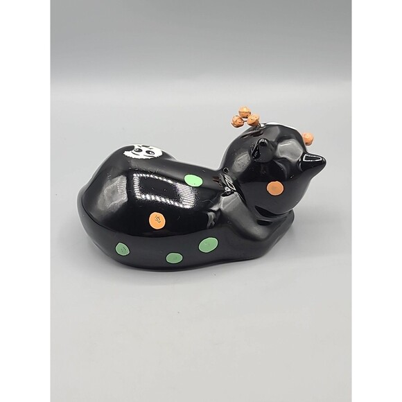 Whimsical Ceramic Cat Figurine Black with Polka Dots Halloween Pumpkin Figurine - Picture 6 of 10